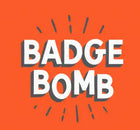 A bright orange graphic featuring bold white text that reads ’BADGE BOMB’ with a grey drop shadow, surrounded by radiating dash lines.