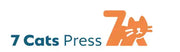 A logo for ’7 Cats Press’ featuring the name in blue text and an orange graphic of the number 7 stylized as a cat.