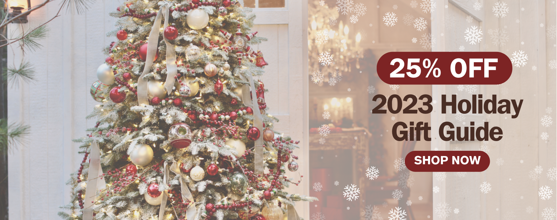 Festive tree with white silver and red ornaments and bows