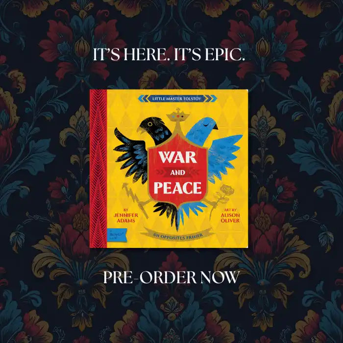 A children’s board book titled ’War and Peace’ with illustrations of a black bird and a blue bird flanking a shield.