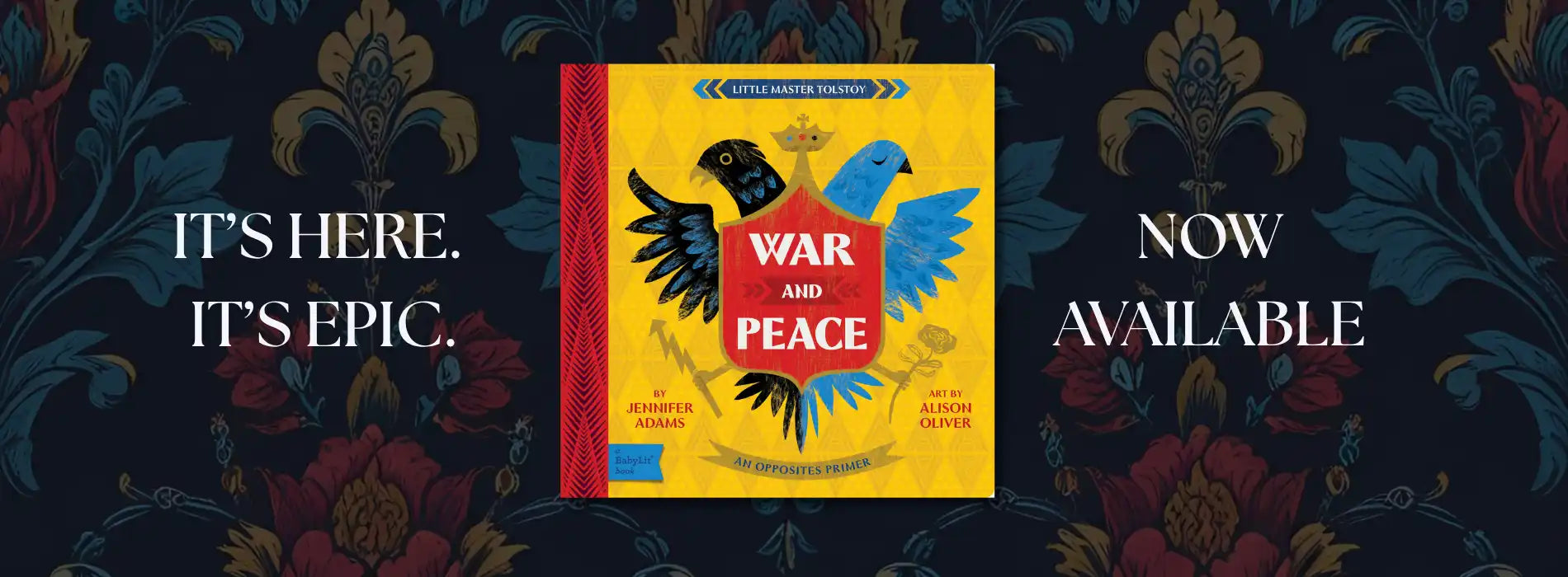 Illustrated edition of ’War and Peace’ with a yellow cover and a crest featuring two birds.