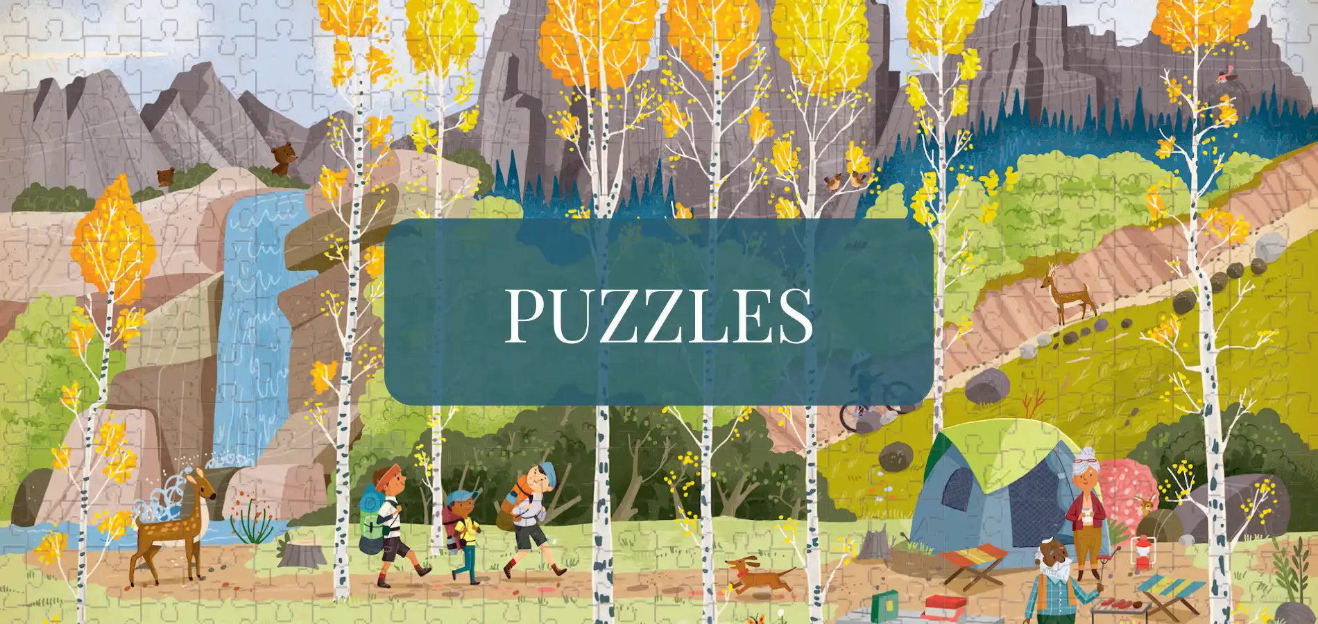 A vibrant, illustrated jigsaw puzzle featuring a scenic autumn landscape with people hiking and camping.